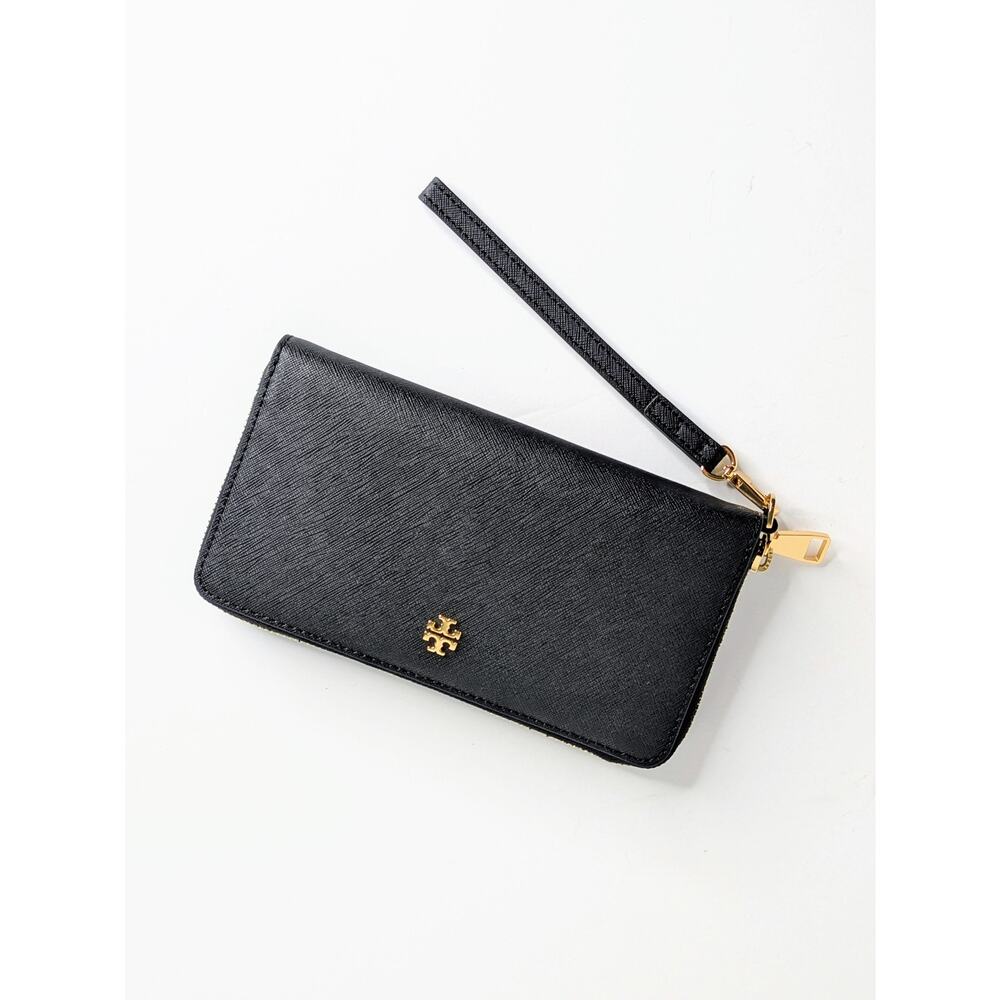 Tory Burch Emerson Zip Around Wallet Wristlet NWT Black Saffiano Leather Gold